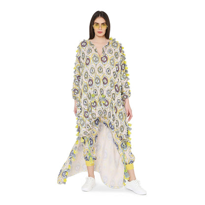 PS Pret by Payal Singhal Yellow Printed Art Oversized High-Low Kaftan Top with Jogger Pant (Set of 2)