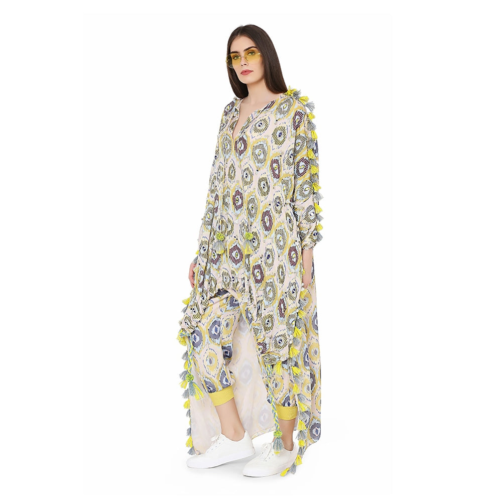PS Pret by Payal Singhal Yellow Printed Art Oversized High-Low Kaftan Top with Jogger Pant (Set of 2)