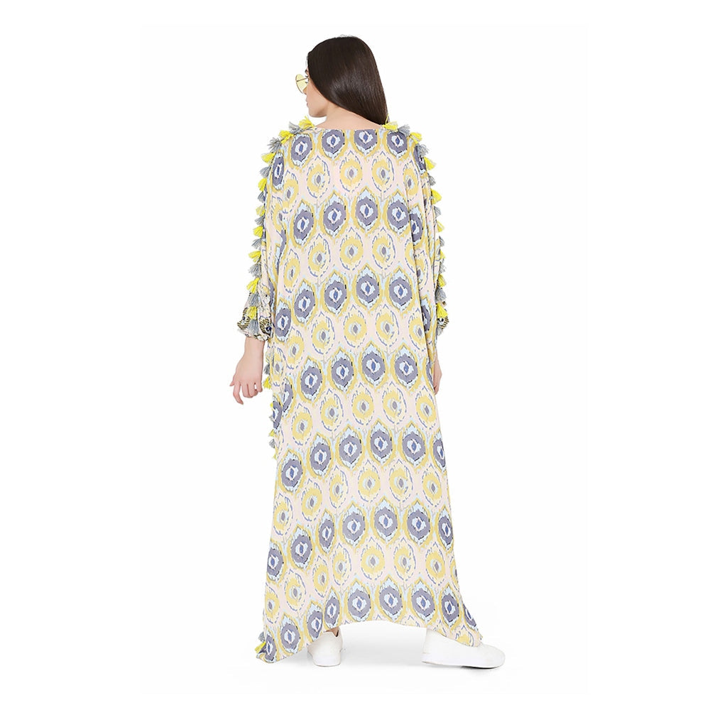 PS Pret by Payal Singhal Yellow Printed Art Oversized High-Low Kaftan Top with Jogger Pant (Set of 2)