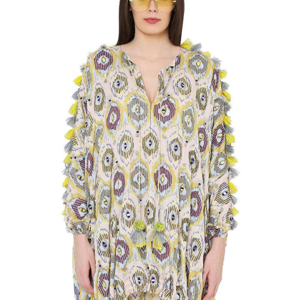 PS Pret by Payal Singhal Yellow Printed Art Oversized High-Low Kaftan Top with Jogger Pant (Set of 2)