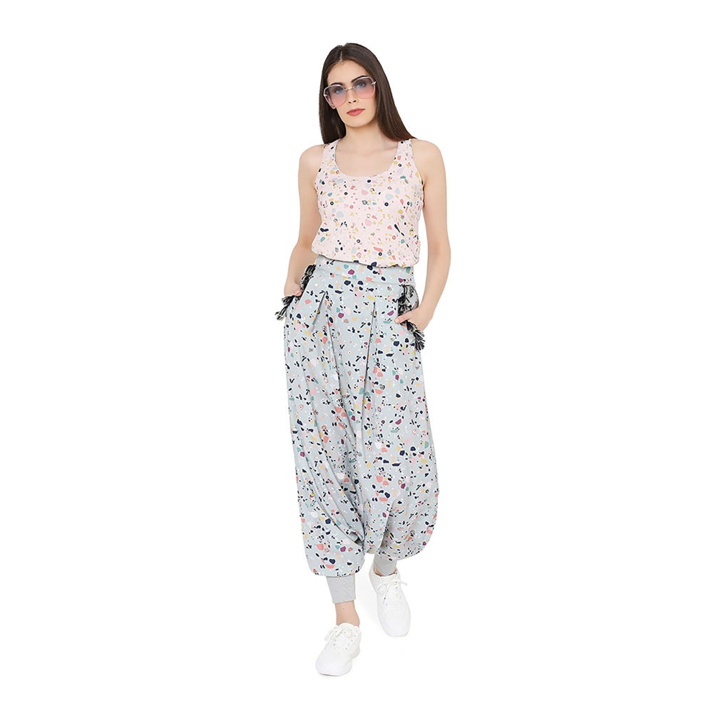Ps Pret By Payal Singhal Pink Printed Art Crepe Top With Green Low Crotch Pant (Set Of 2)
