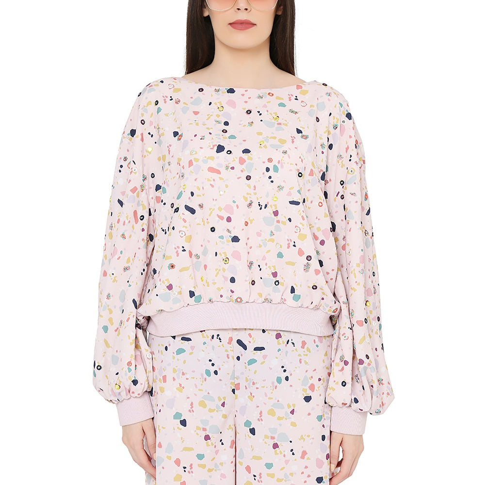 Ps Pret By Payal Singhal Pink Printed Art Crepe Oversized Top With Frill Palazzo (Set Of 2)