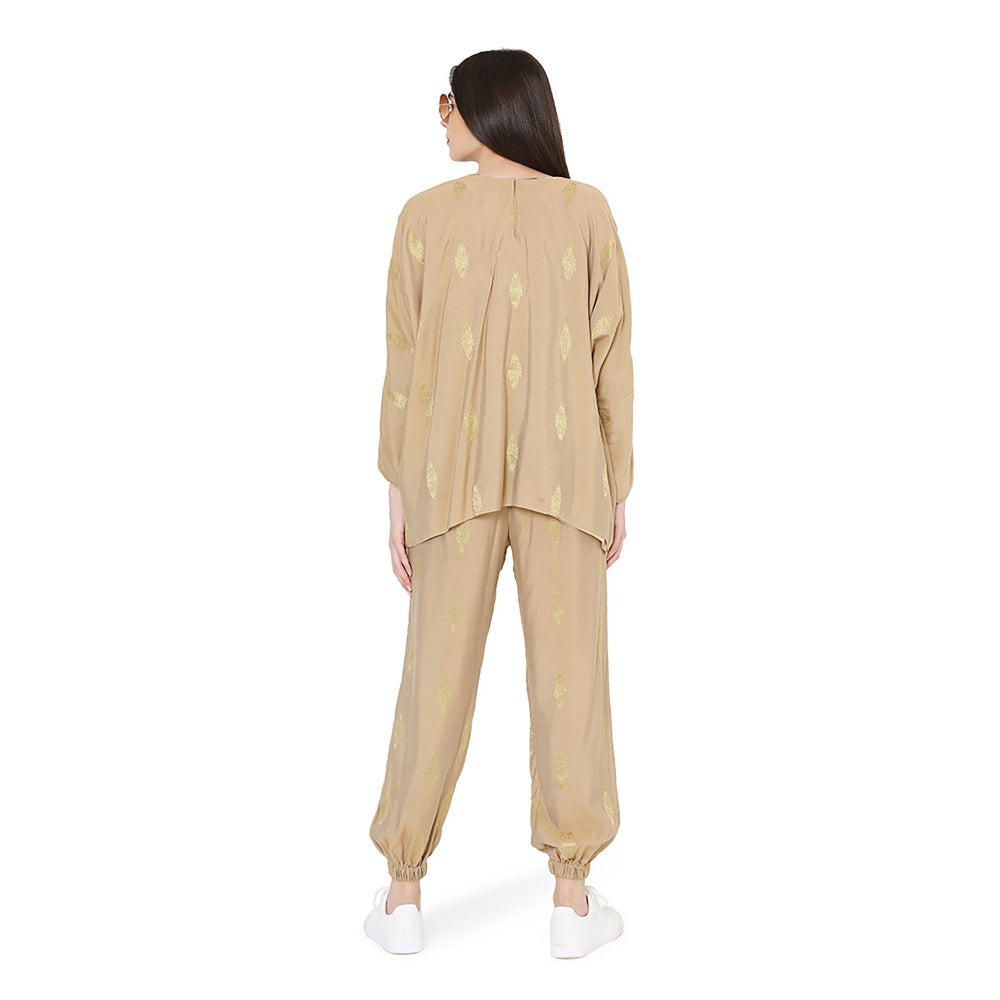 PS Pret by Payal Singhal Gold Brocade Oversized Top With Jogger Pant Set (Set of 2)
