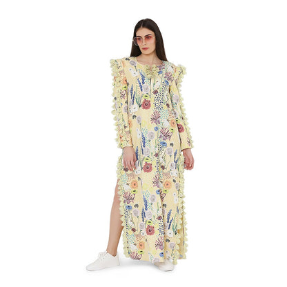 PS Pret by Payal Singhal Yellow Printed Art Crepe High Slit Kaftaan