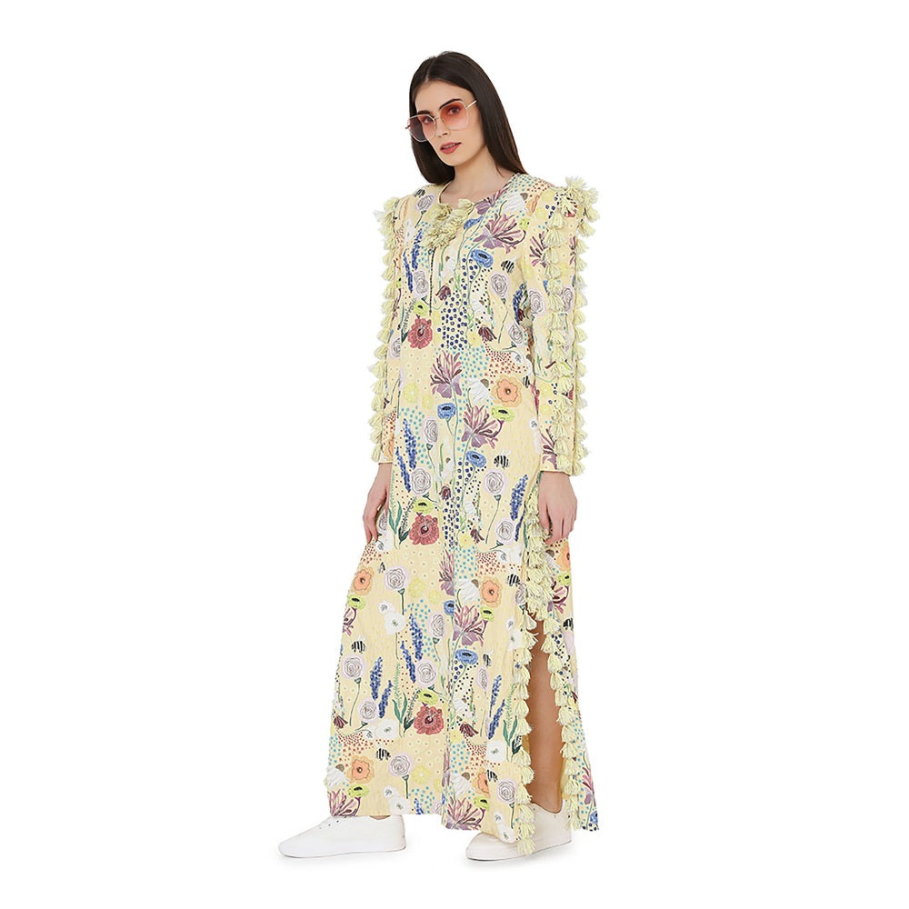 PS Pret by Payal Singhal Yellow Printed Art Crepe High Slit Kaftaan