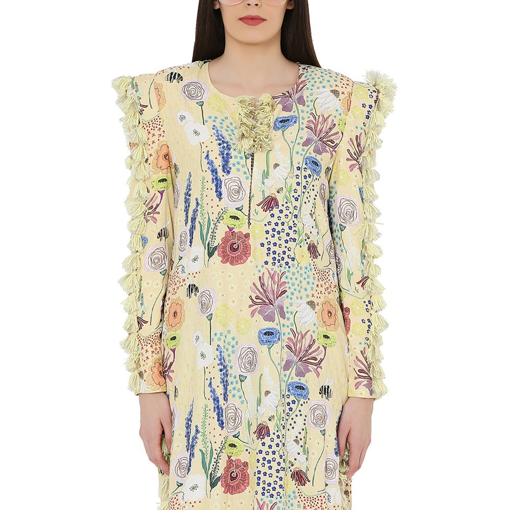 PS Pret by Payal Singhal Yellow Printed Art Crepe High Slit Kaftaan