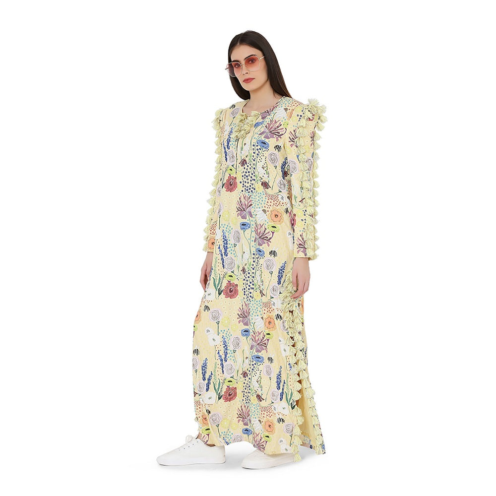 PS Pret by Payal Singhal Yellow Printed Art Crepe High Slit Kaftaan