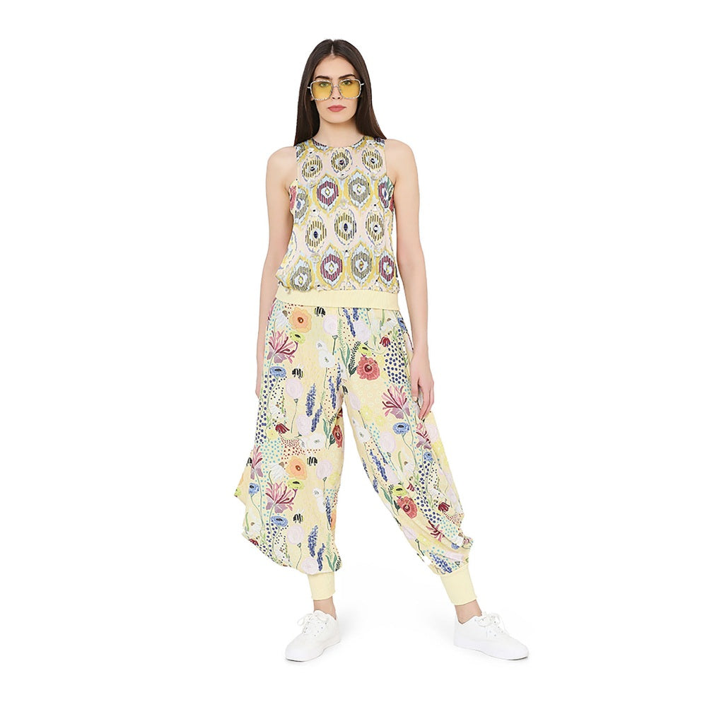 PS Pret by Payal Singhal Yellow Printed Art Crepe Top With Bustier and Cowl Pant Set (Set of 3)