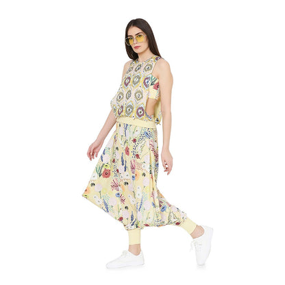 PS Pret by Payal Singhal Yellow Printed Art Crepe Top With Bustier and Cowl Pant Set (Set of 3)