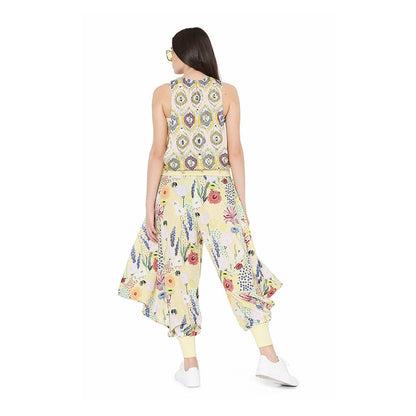 PS Pret by Payal Singhal Yellow Printed Art Crepe Top With Bustier and Cowl Pant Set (Set of 3)