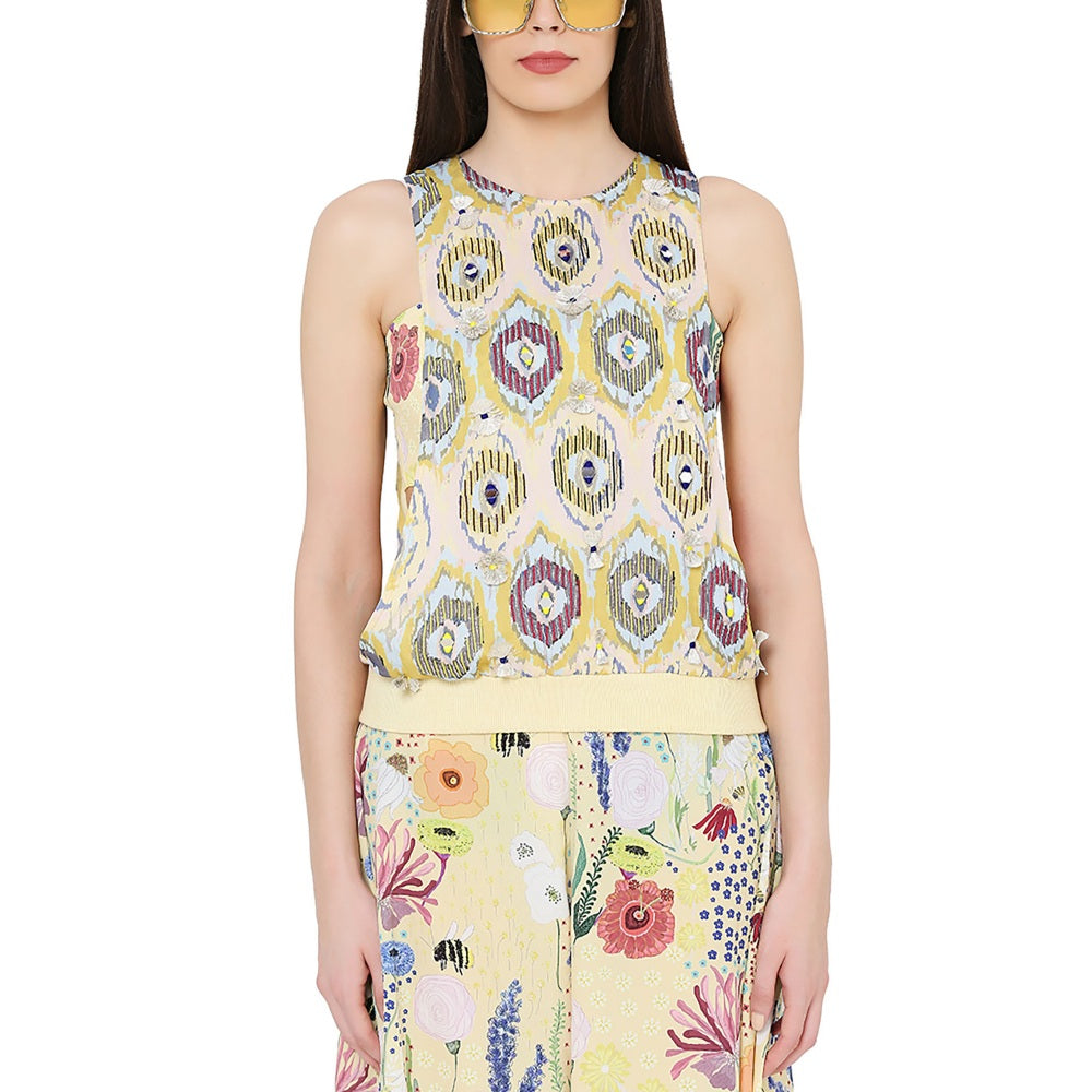 PS Pret by Payal Singhal Yellow Printed Art Crepe Top With Bustier and Cowl Pant Set (Set of 3)