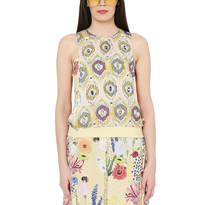 PS Pret by Payal Singhal Yellow Printed Art Crepe Top With Bustier and Cowl Pant Set (Set of 3)