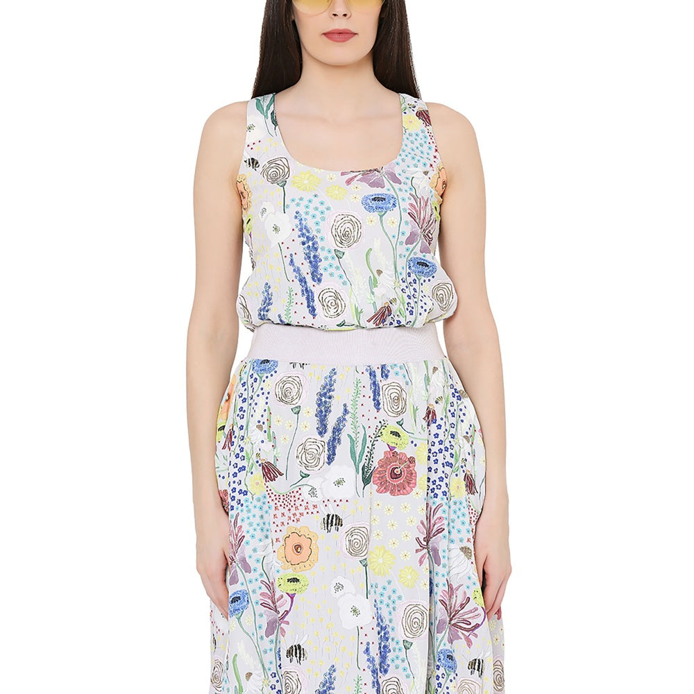 PS Pret by Payal Singhal Stone Printed Art Crepe Racer Back Top With Balloon Skirt (Set of 2)