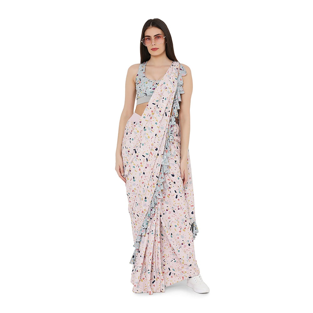 PS Pret by Payal Singhal Green Printed Choli With Pink Art Crepe Stitched Saree (Set of 2)