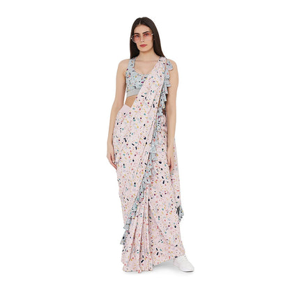 PS Pret by Payal Singhal Green Printed Choli With Pink Art Crepe Stitched Saree (Set of 2)