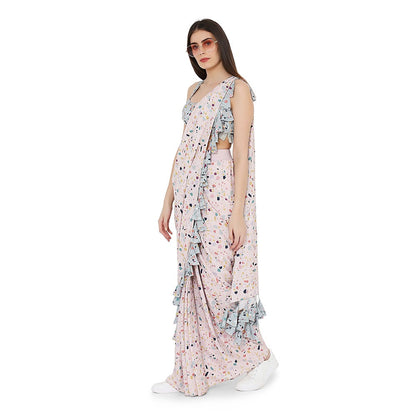 PS Pret by Payal Singhal Green Printed Choli With Pink Art Crepe Stitched Saree (Set of 2)