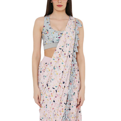 PS Pret by Payal Singhal Green Printed Choli With Pink Art Crepe Stitched Saree (Set of 2)