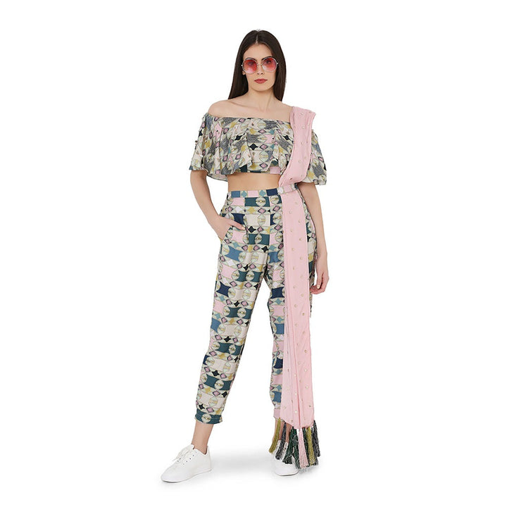 Ps Pret By Payal Singhal Off Shoulder Top With Jogger Pant And Mukaish Dupatta (Set Of 3)