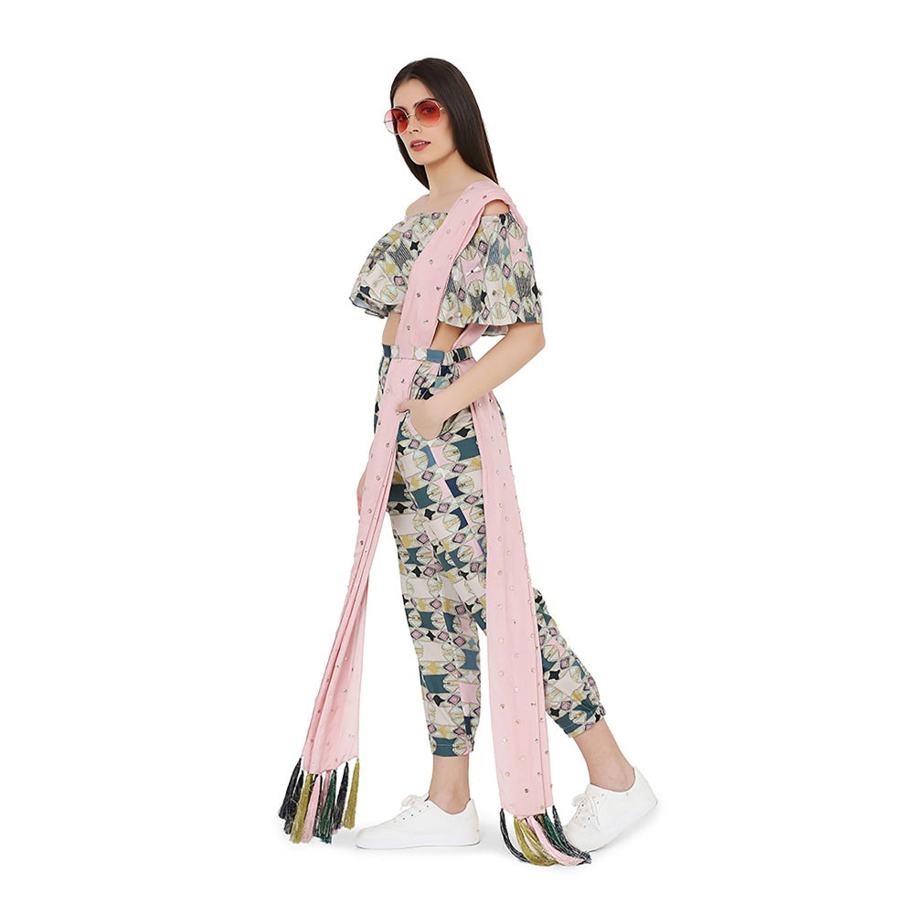 PS Pret by Payal Singhal Off Shoulder Top With Jogger Pant and Mukaish Dupatta (Set of 3)