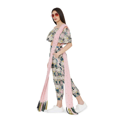 PS Pret by Payal Singhal Off Shoulder Top With Jogger Pant and Mukaish Dupatta (Set of 3)