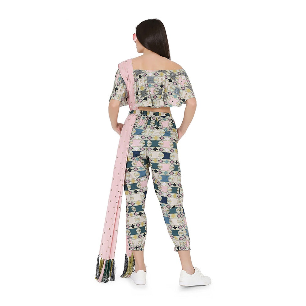 PS Pret by Payal Singhal Off Shoulder Top With Jogger Pant and Mukaish Dupatta (Set of 3)