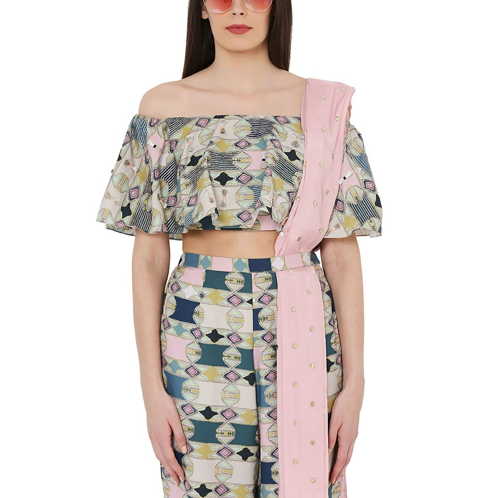 PS Pret by Payal Singhal Off Shoulder Top With Jogger Pant and Mukaish Dupatta (Set of 3)