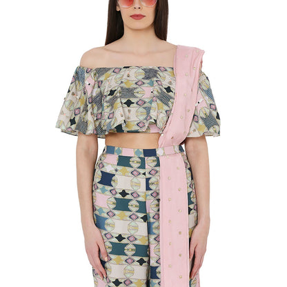 PS Pret by Payal Singhal Off Shoulder Top With Jogger Pant and Mukaish Dupatta (Set of 3)