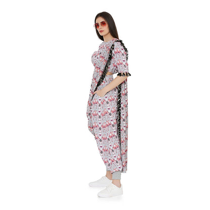 PS Pret by Payal Singhal Printed Top and Low Crotch Pant With Attached Drape Dupatta (Set of 3)