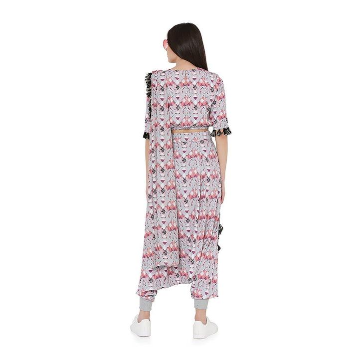 Ps Pret By Payal Singhal Printed Top & Low Crotch Pant With Attached Drape Dupatta (Set Of 3)