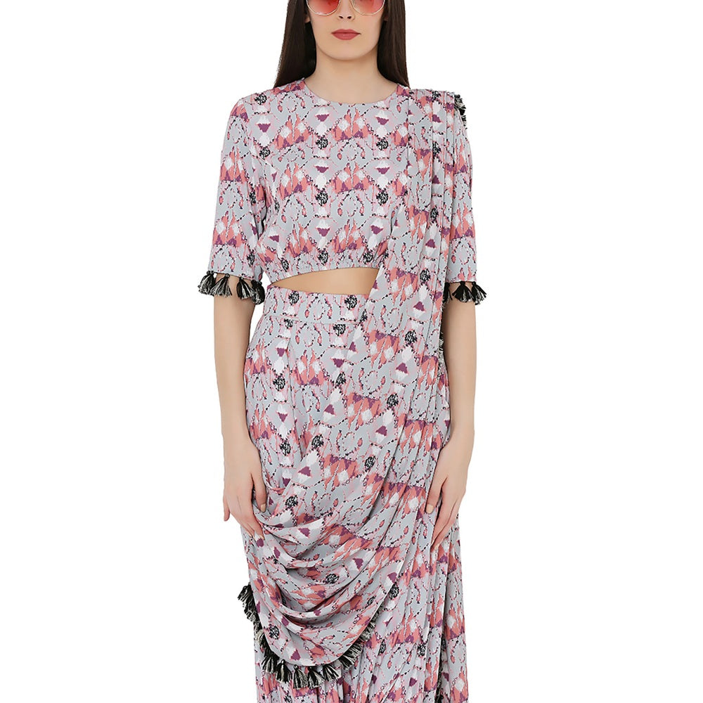 PS Pret by Payal Singhal Printed Top and Low Crotch Pant With Attached Drape Dupatta (Set of 3)