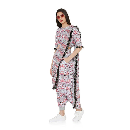 PS Pret by Payal Singhal Printed Top and Low Crotch Pant With Attached Drape Dupatta (Set of 3)