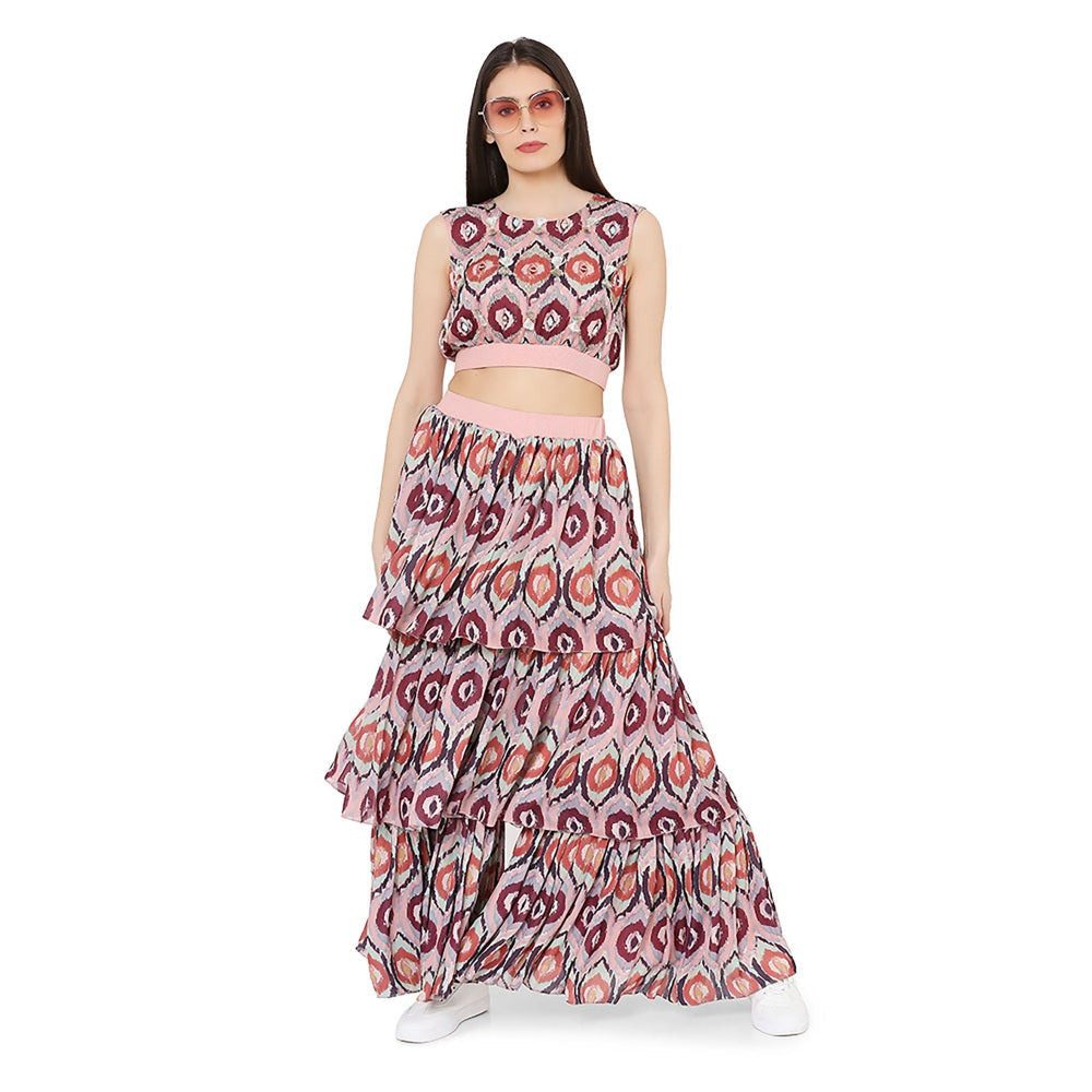 PS Pret by Payal Singhal Red Printed Art Silk Balloon Top With Layered Sharara Pant (Set of 2)