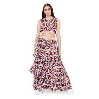 PS Pret by Payal Singhal Red Printed Art Silk Balloon Top With Layered Sharara Pant (Set of 2)
