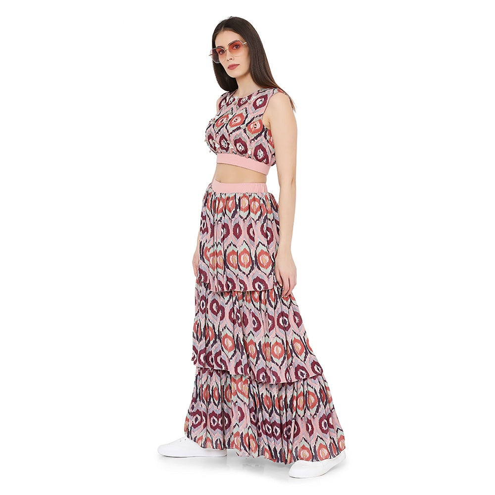 PS Pret by Payal Singhal Red Printed Art Silk Balloon Top With Layered Sharara Pant (Set of 2)