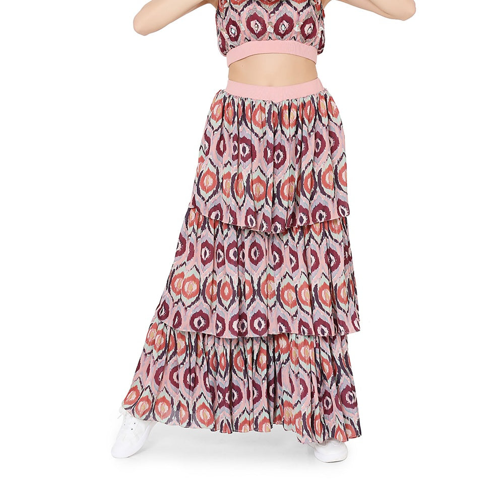 PS Pret by Payal Singhal Red Printed Art Silk Balloon Top With Layered Sharara Pant (Set of 2)