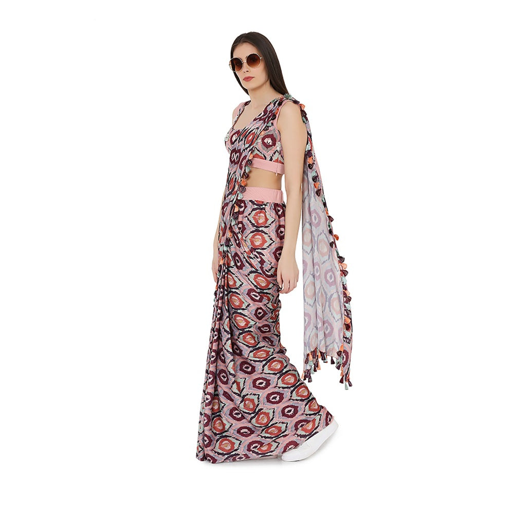 PS Pret by Payal Singhal Red Printed Art Silk Choli With Stitched Saree (Set of 2)