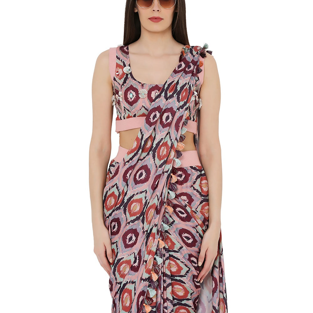 PS Pret by Payal Singhal Red Printed Art Silk Choli With Stitched Saree (Set of 2)