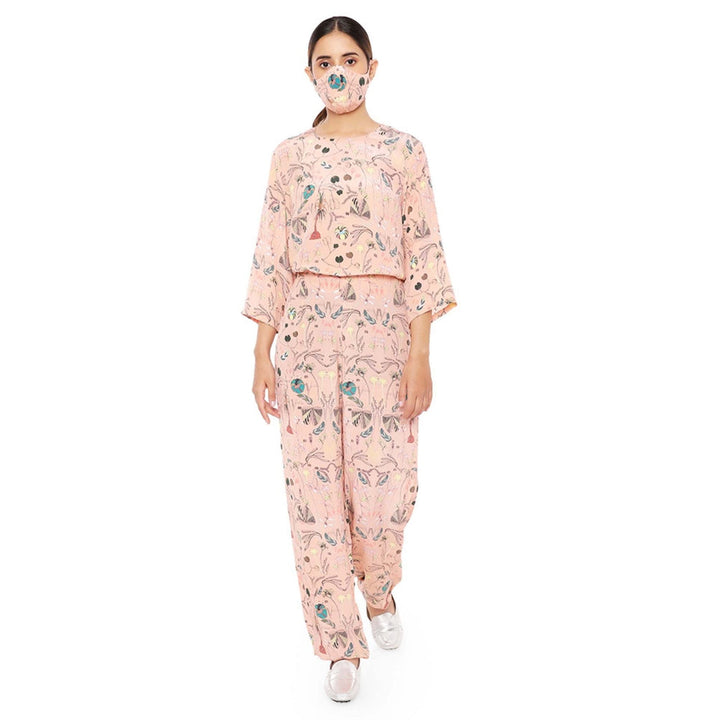 Payal Singhal Printed Crepe Top With Jogger Pants & Matching Reversible 3 Ply Mask (Set Of 3)