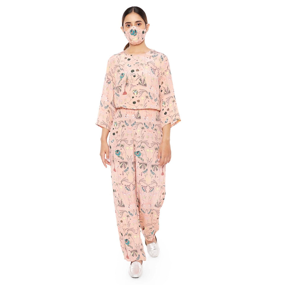 PS Pret by Payal Singhal Printed Crepe Top With Jogger Pants & Matching Reversible 3 Ply Mask (Set of 3)