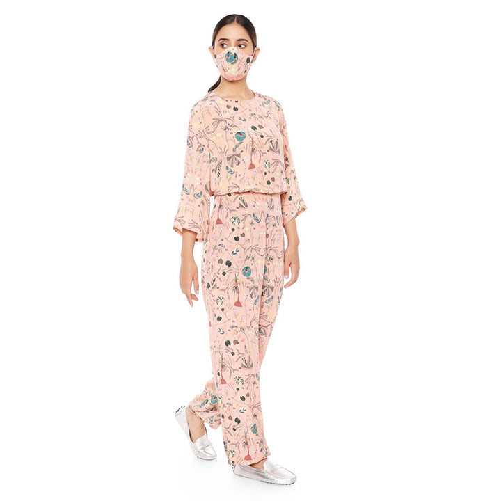 Payal Singhal Printed Crepe Top With Jogger Pants & Matching Reversible 3 Ply Mask (Set Of 3)
