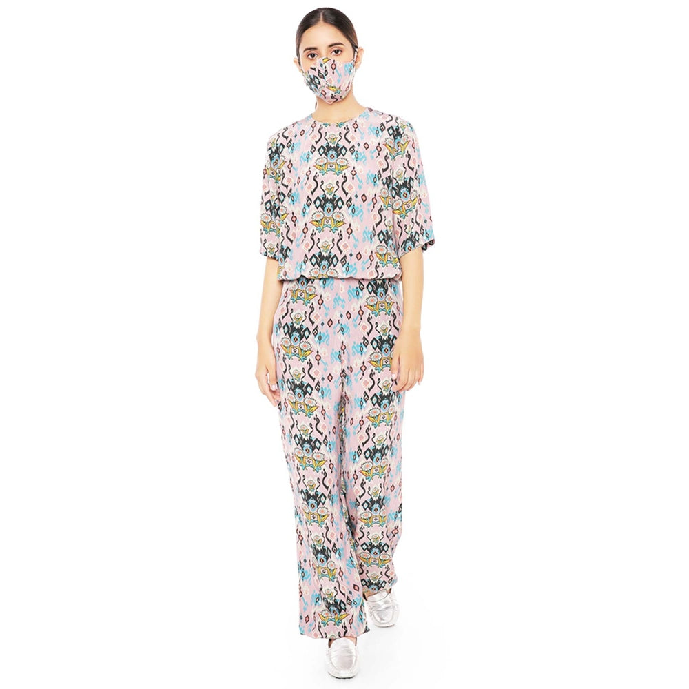 PS Pret by Payal Singhal Crepe Balloon Top With Jogger Pants & Matching Reversible 3 Ply Mask (Set of 3)