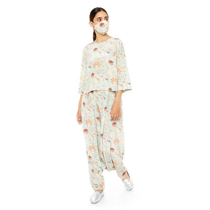 PS Pret by Payal Singhal Printed Top With Low Crotch Pant And Matching Reversible 3 Ply Mask (Set of 3)