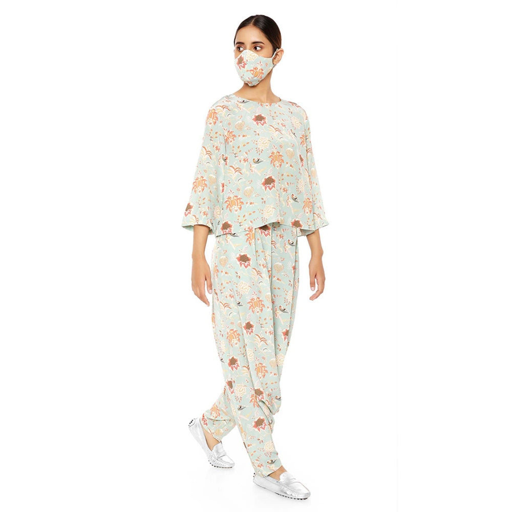 Payal Singhal Printed Top With Low Crotch Pant And Matching Reversible 3 Ply Mask (Set Of 3)