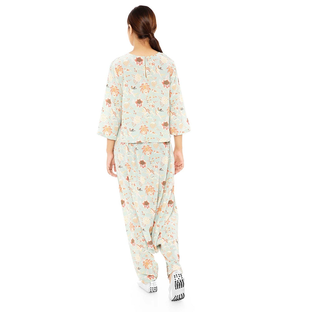 PS Pret by Payal Singhal Printed Top With Low Crotch Pant And Matching Reversible 3 Ply Mask (Set of 3)