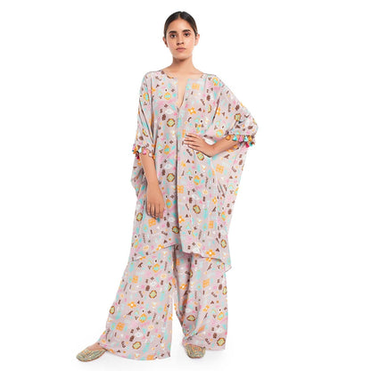 PS Pret by Payal Singhal Printed Kaftan With Palazzo Pants And Matching Reversible 3 Ply Mask (Set of 3)