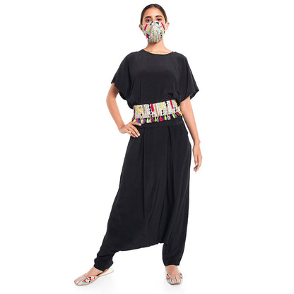 PS Pret by Payal Singhal Black Kaftan Top And Low Crotch Pant With Mask And Tie-Up Belt (Set of 4)