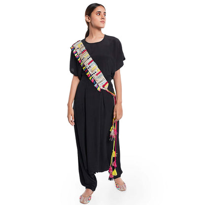 PS Pret by Payal Singhal Black Kaftan Top And Low Crotch Pant With Mask And Tie-Up Belt (Set of 4)