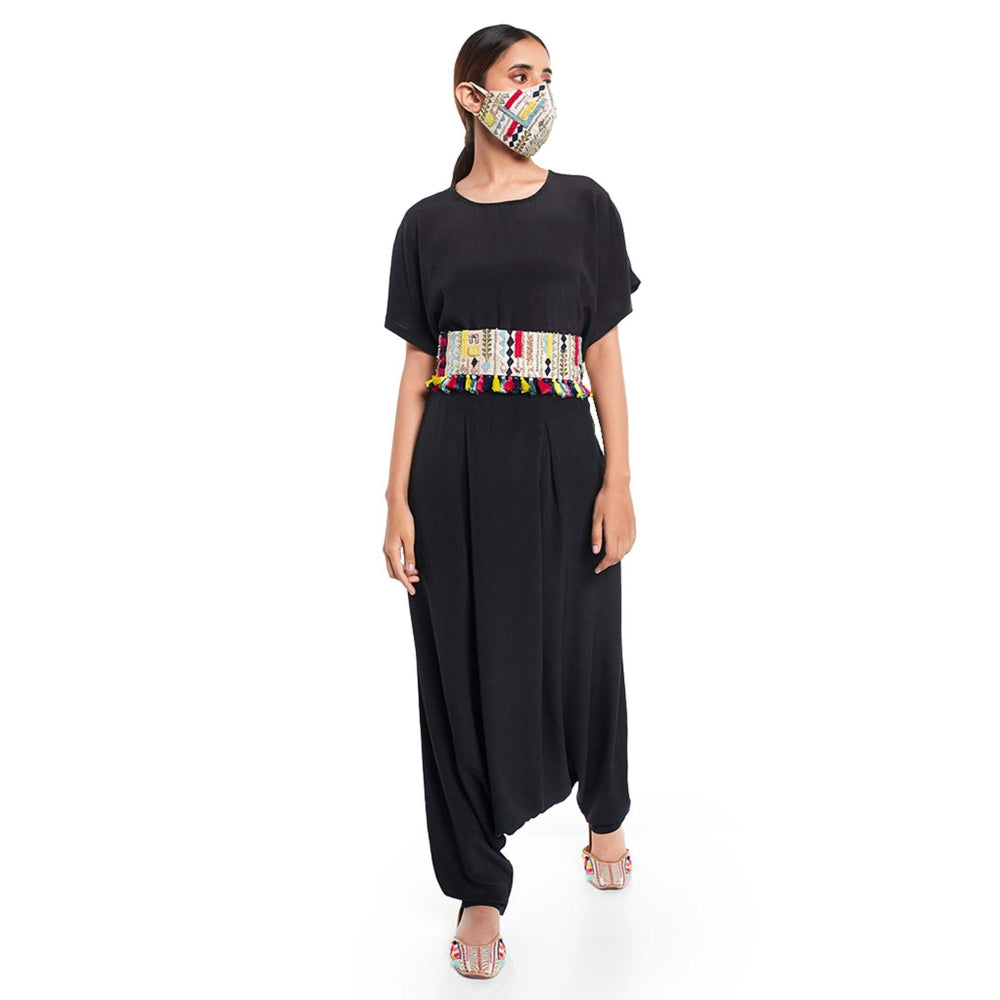 PS Pret by Payal Singhal Black Kaftan Top And Low Crotch Pant With Mask And Tie-Up Belt (Set of 4)