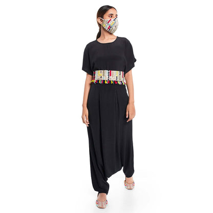 PS Pret by Payal Singhal Black Kaftan Top And Low Crotch Pant With Mask And Tie-Up Belt (Set of 4)