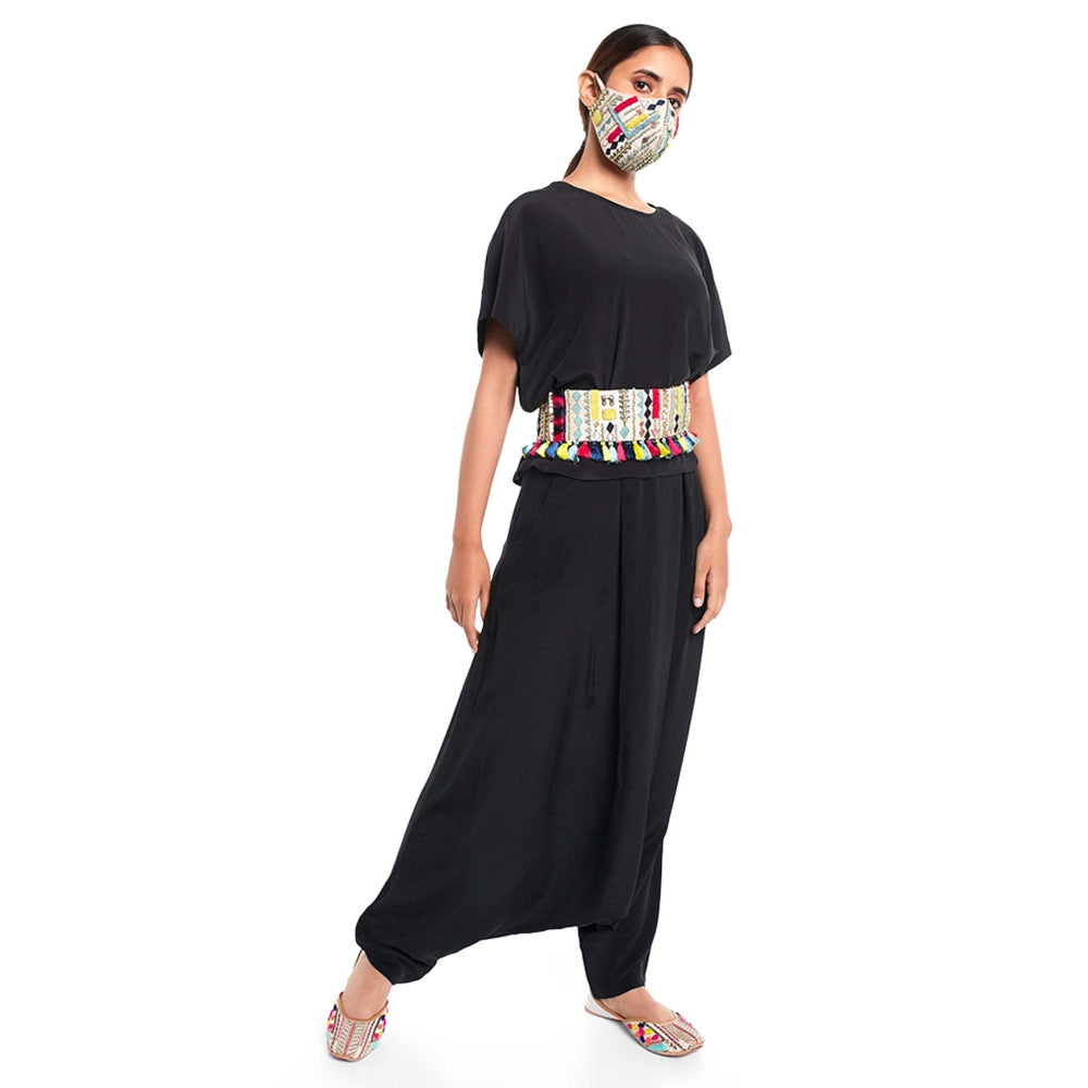 PS Pret by Payal Singhal Black Kaftan Top And Low Crotch Pant With Mask And Tie-Up Belt (Set of 4)